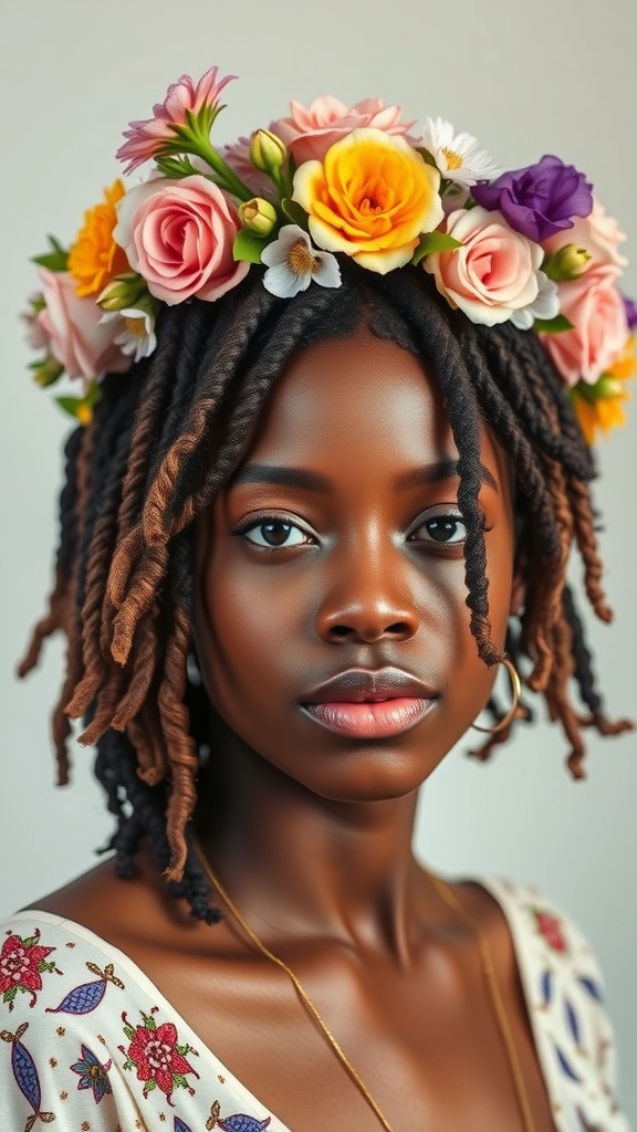 A person with dyed locs wearing a floral crown, showcasing a stylish hairstyle.
