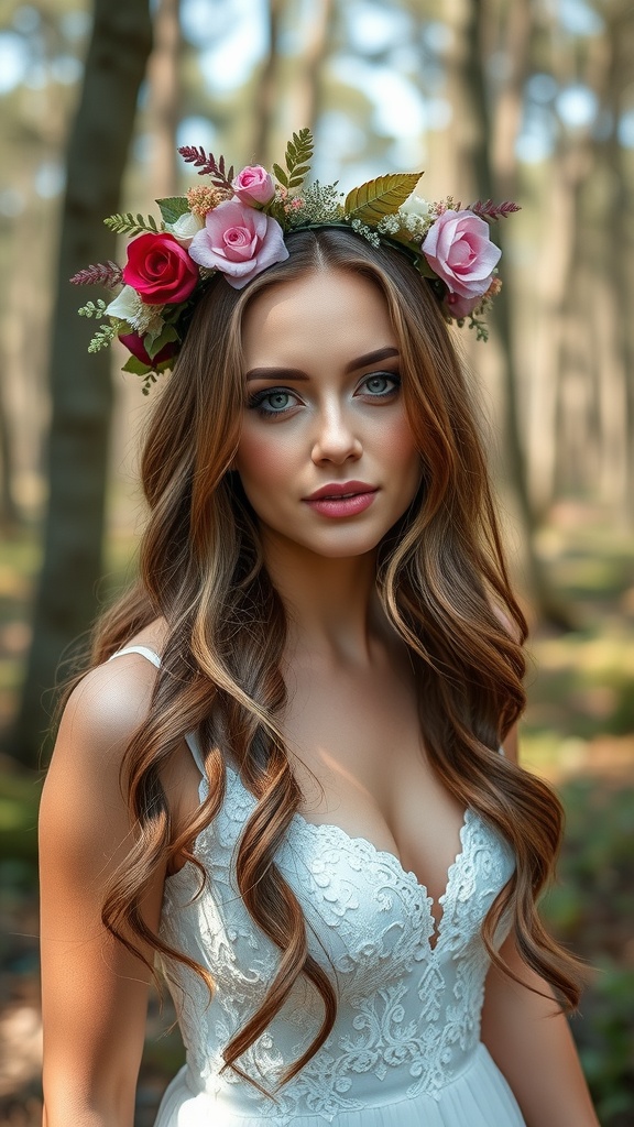 A bride with a floral crown made of pink and red roses, wearing a white wedding dress, with loose wavy hair in a forest setting.