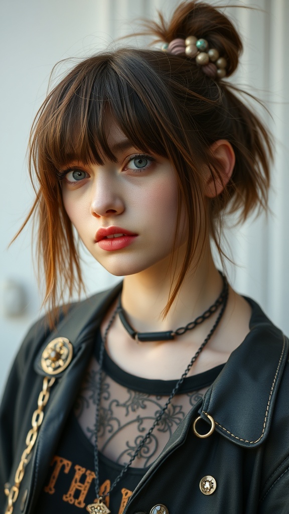 A young woman with a messy bun and bangs, wearing layered necklaces and a leather jacket, showcasing a grunge hairstyle.