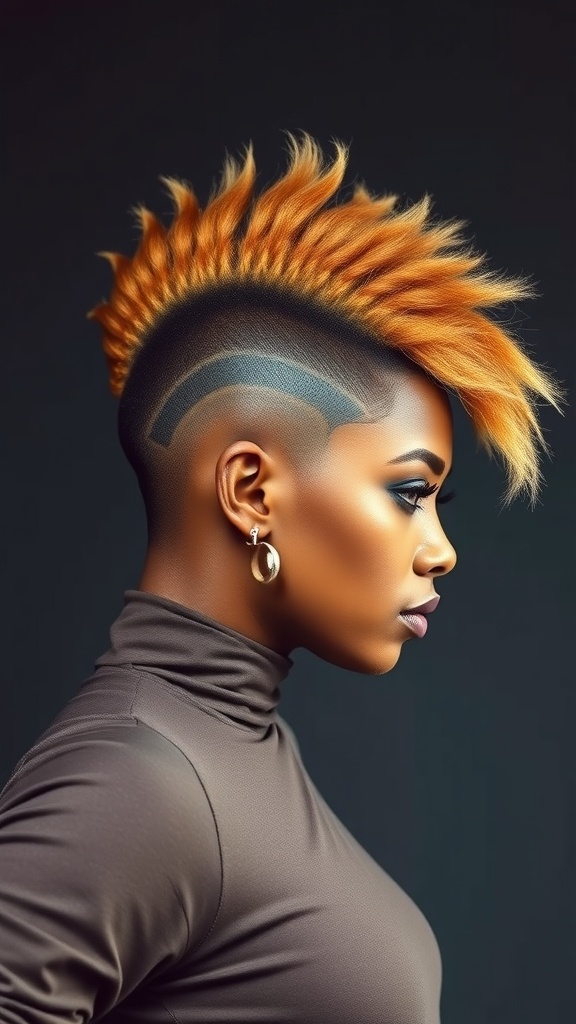 A woman with a bold Frohawk hairstyle, featuring vibrant orange color and shaved sides, showcasing natural texture.
