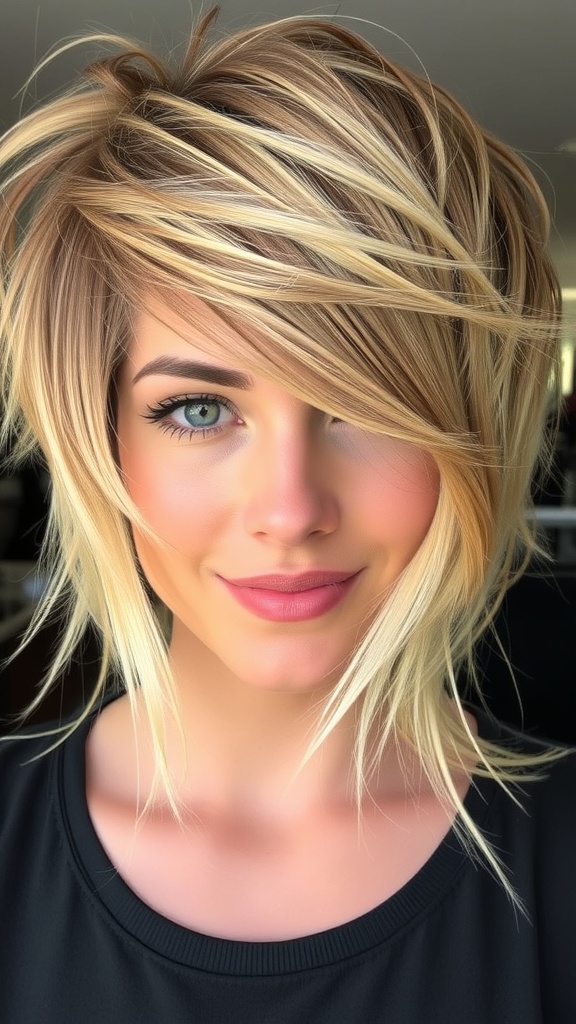 A stylish bob haircut with frosted tips and highlighted layers, showcasing a modern and playful look.