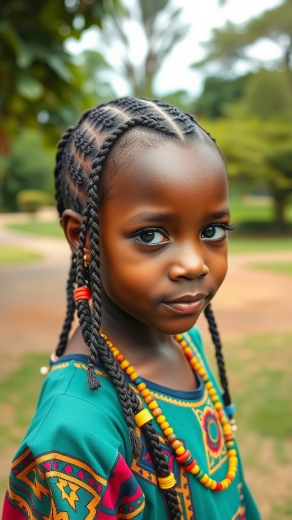 A young girl with Fulani braids, wearing a colorful outfit and beads, smiling at the camera.