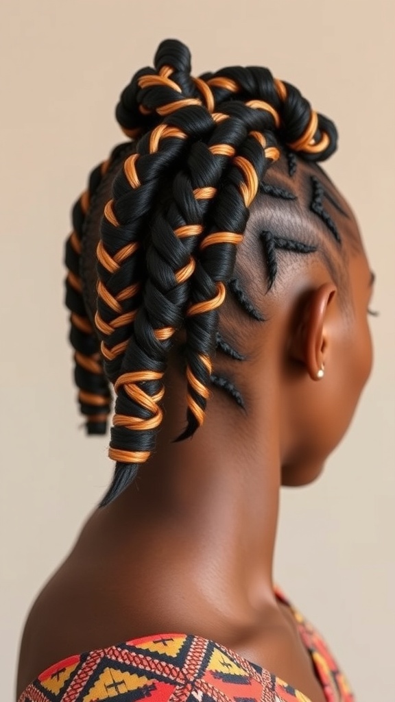 A close-up of a woman's Fulani braids hairstyle featuring black and orange twists, showcasing intricate patterns.