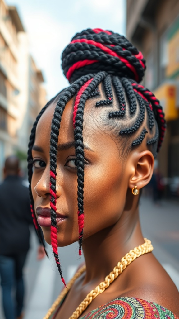 A woman with Fulani braids featuring red highlights, styled in a high bun, showcasing intricate patterns.