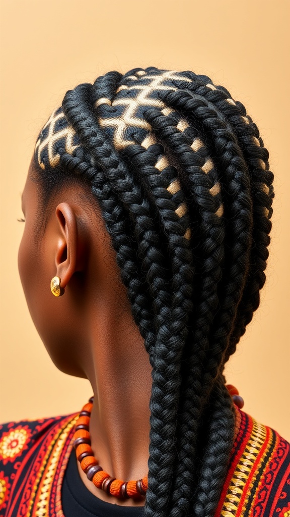 A woman showcasing Fulani braids with cornrows, featuring intricate patterns and accessories.
