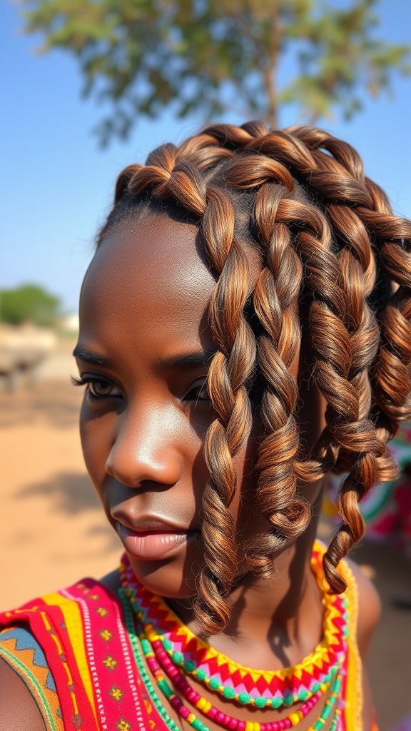 A close-up of a person with Fulani braids and curls, showcasing intricate braiding and beautiful curls.