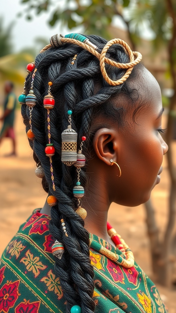 A close-up of a woman's Fulani braids hairstyle adorned with colorful beads and metallic accessories.