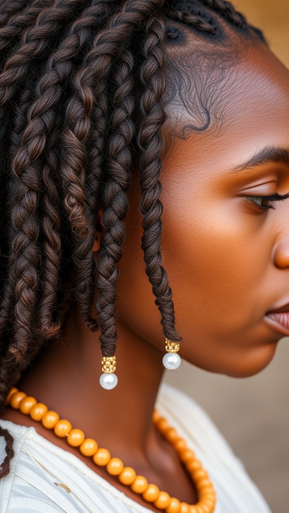Close-up of a person with Fulani braids, showcasing intricate twists and beads.