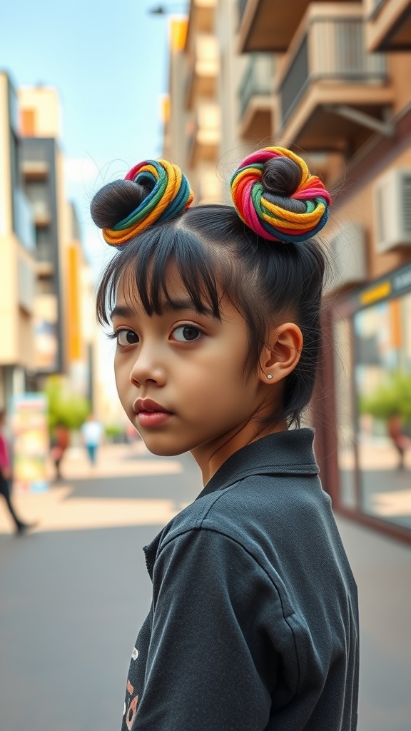 A girl with colorful space buns hairstyle, looking stylish in a casual setting.