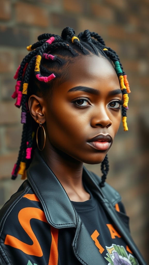 A person with geometric cut dyed locs featuring bright colors and a stylish outfit.