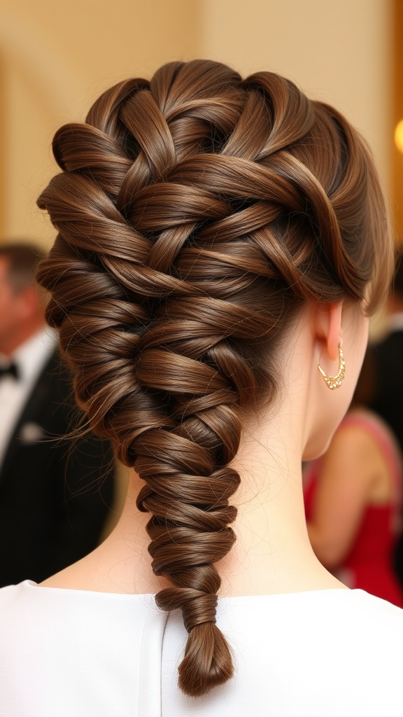 A close-up view of a beautifully styled braided hairstyle, featuring intricate baby braids, perfect for special occasions.
