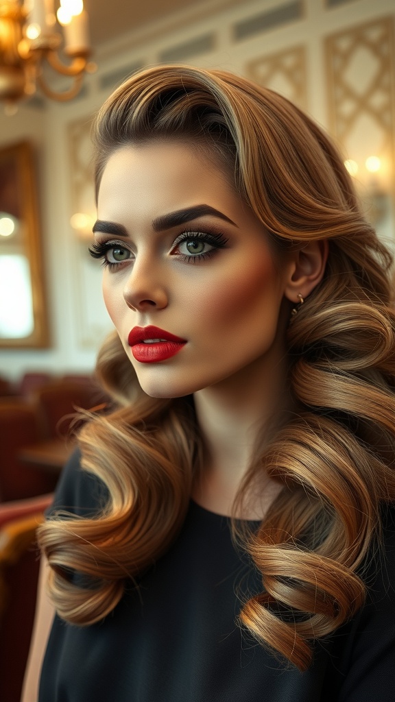 A model with glamorous Hollywood waves and bold red lipstick, showcasing a classic prom hairstyle.
