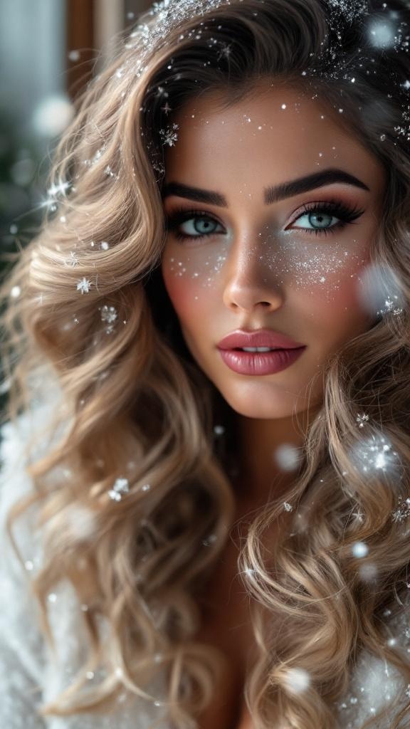 A model with glamorous Hollywood waves and silver sparkle in her hair, surrounded by a snowy backdrop.