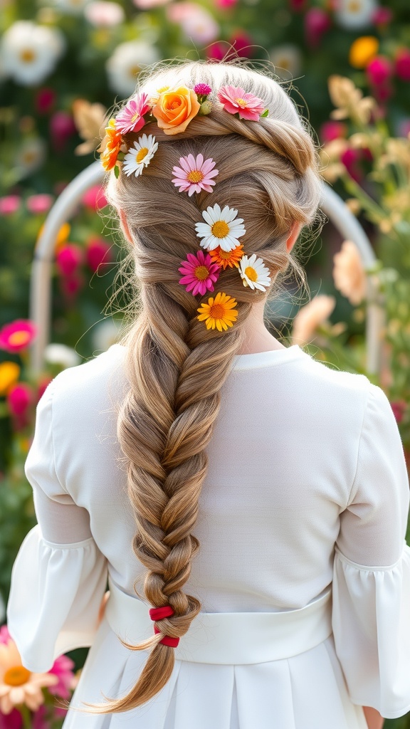 A girl with a long braid adorned with colorful flowers, wearing a white dress.