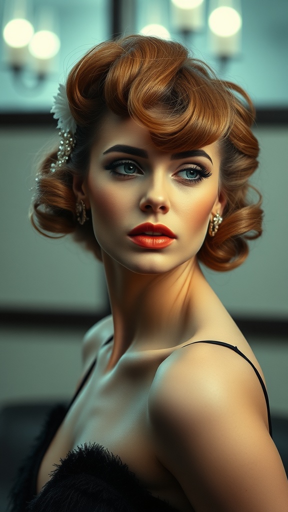 A woman with glamorous retro waves hairstyle, wearing elegant makeup and accessories.
