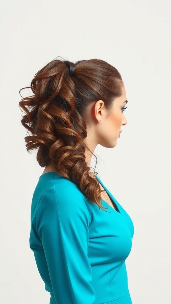 A woman with a glamorous side ponytail styled with curls, wearing a turquoise outfit.