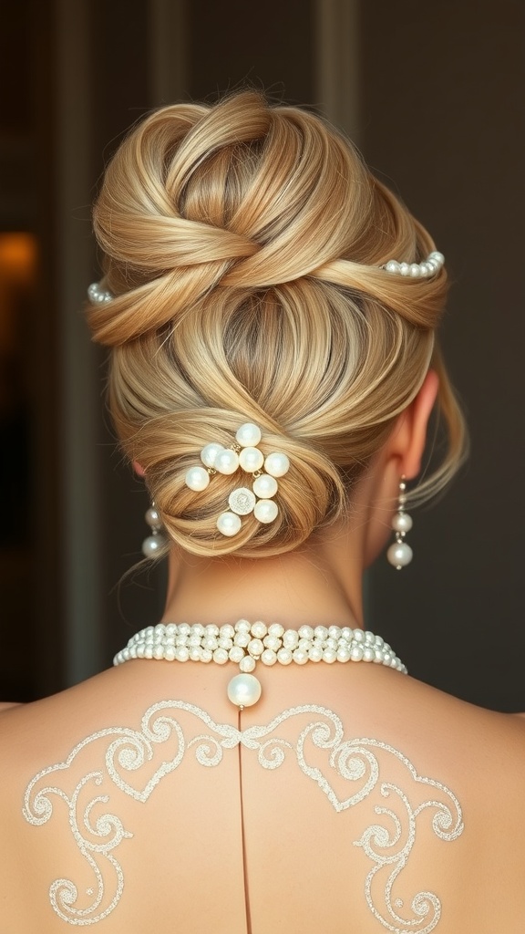 A glamorous blonde updo hairstyle adorned with pearl accents, showcasing elegance and sophistication.