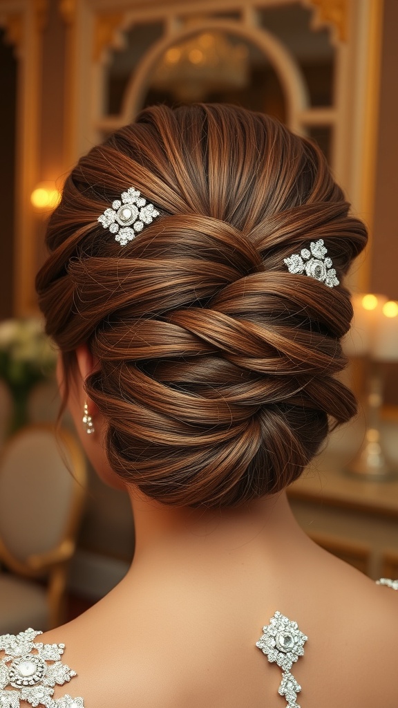 A glamorous updo hairstyle adorned with sparkling hairpins, showcasing intricate braiding and warm hair tones.