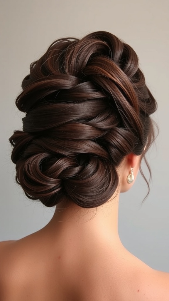 A glamorous brunette updo hairstyle with volume, showcasing intricate braids and elegant styling.