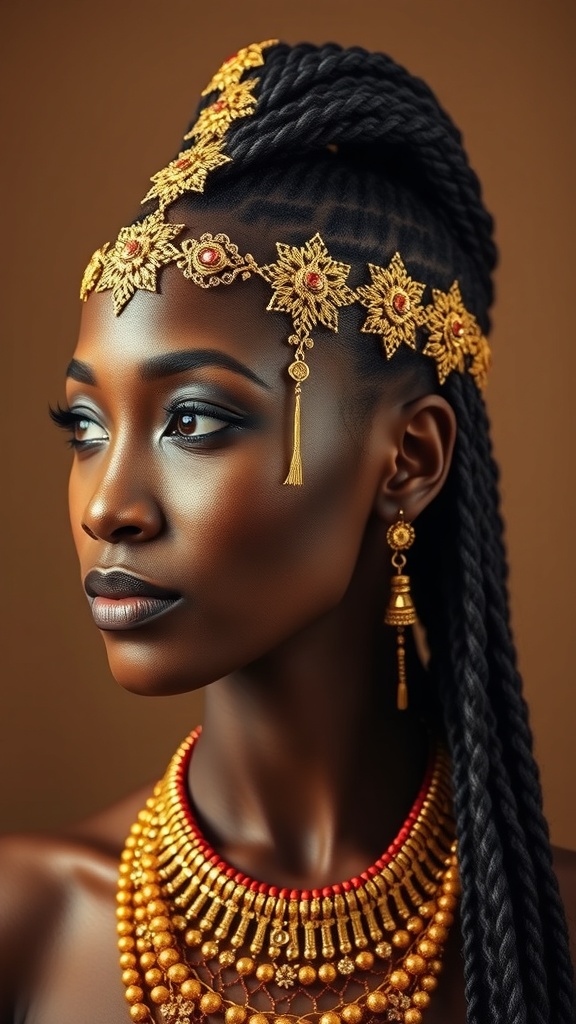 A model showcasing Goddess Fulani braids with a gold headpiece and jewelry, highlighting the beauty and elegance of the hairstyle.