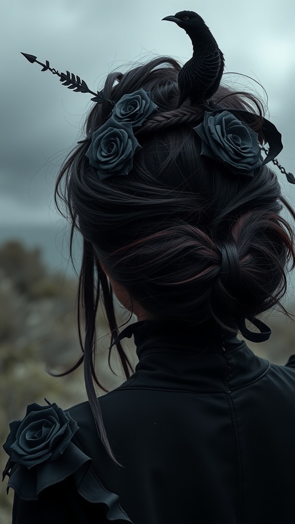 A gothic-inspired hairstyle featuring a bun adorned with black roses and a crow, set against a moody background.