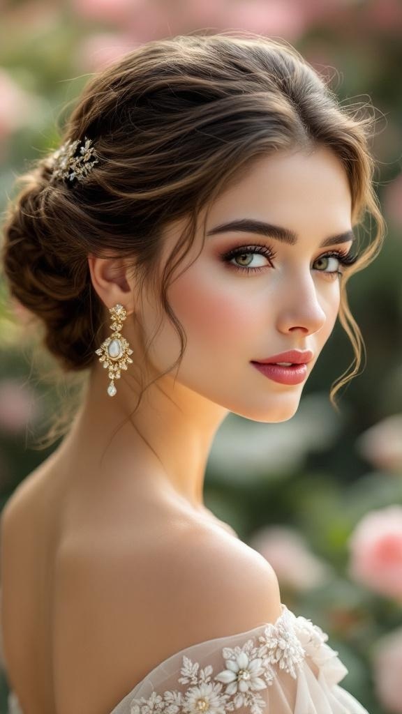 A woman with a graceful chignon hairstyle, wearing elegant earrings and a floral dress, surrounded by soft pink flowers.