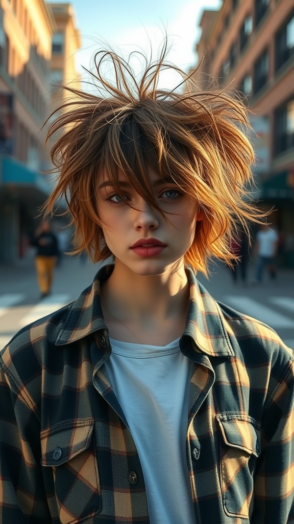 A person with messy, grunge-inspired hair, wearing a plaid shirt.
