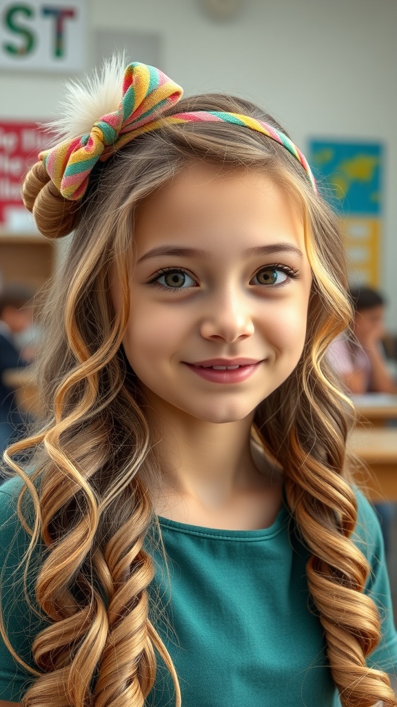 A girl with loose curls and a colorful hairband, smiling in a school setting.