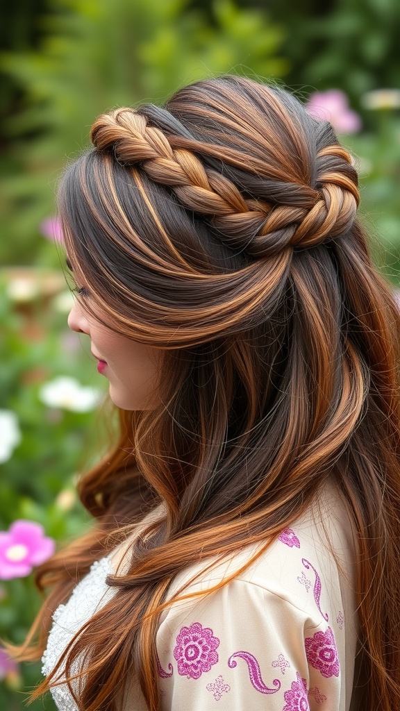 A woman with long, wavy hair styled in a half-up baby braid crown, surrounded by colorful flowers.