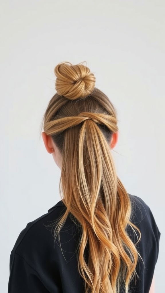 A woman with a half-up bun hairstyle, featuring a twisted bun on top and flowing wavy hair below.