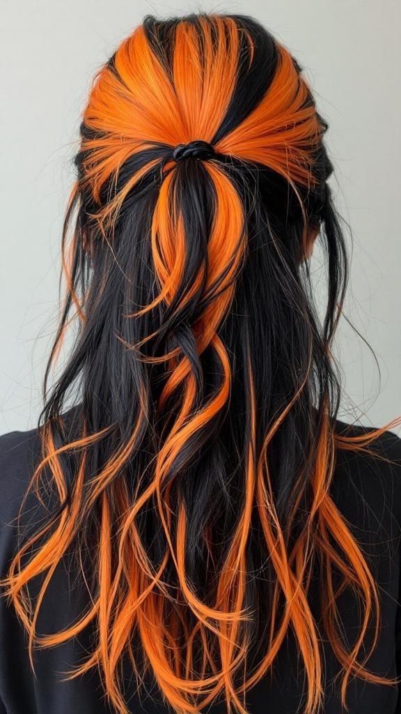 A half-up hairstyle featuring black and orange hair.