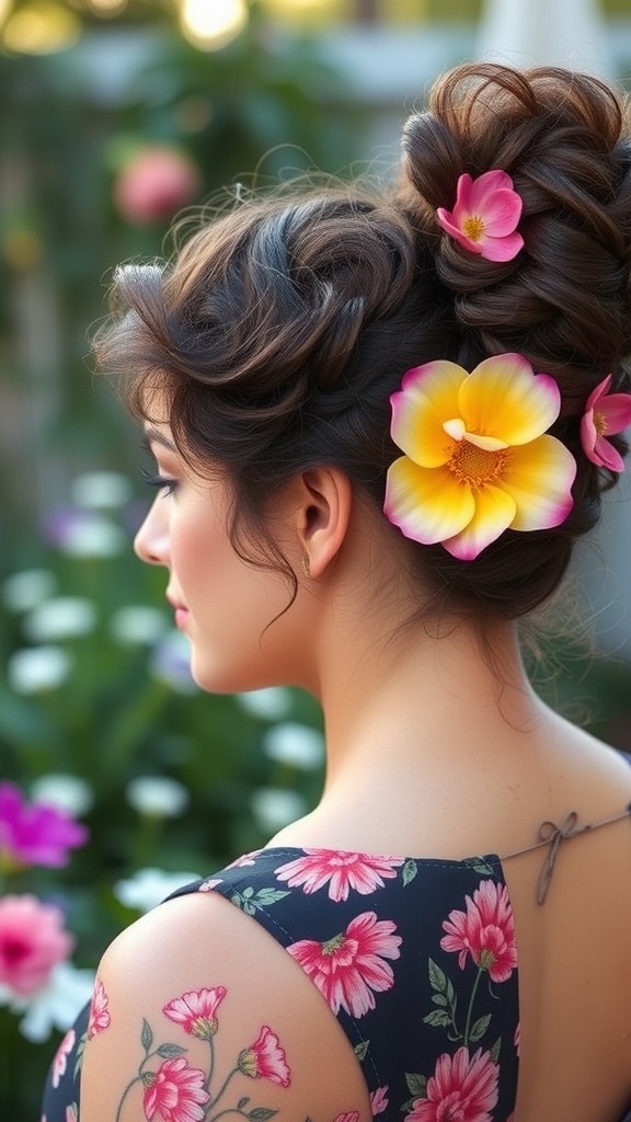 A woman with a half-up curly bun adorned with colorful flowers, showcasing her natural curls in a garden setting.