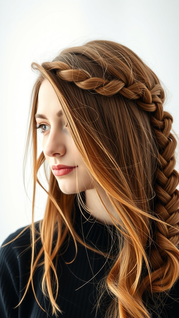 A woman with a half-up Dutch braid hairstyle, featuring loose waves and a structured braid.