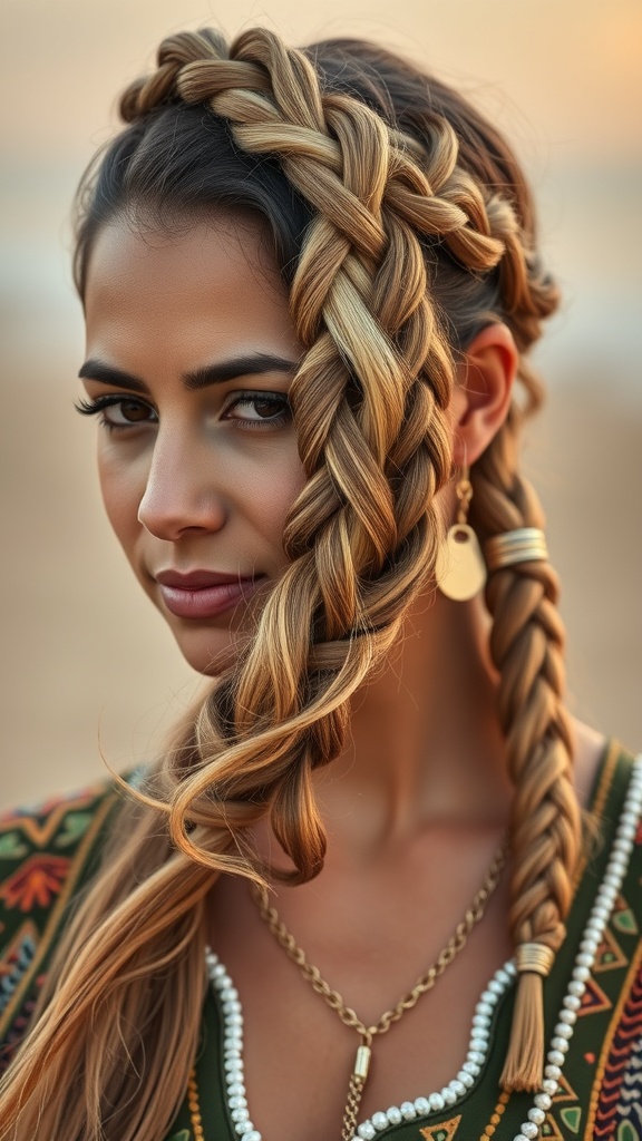 A woman with Half-Up Fulani Braids, showcasing intricate braids and loose hair.