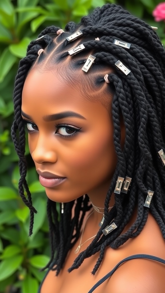 A woman with half-up, half-down dyed locs styled with clips