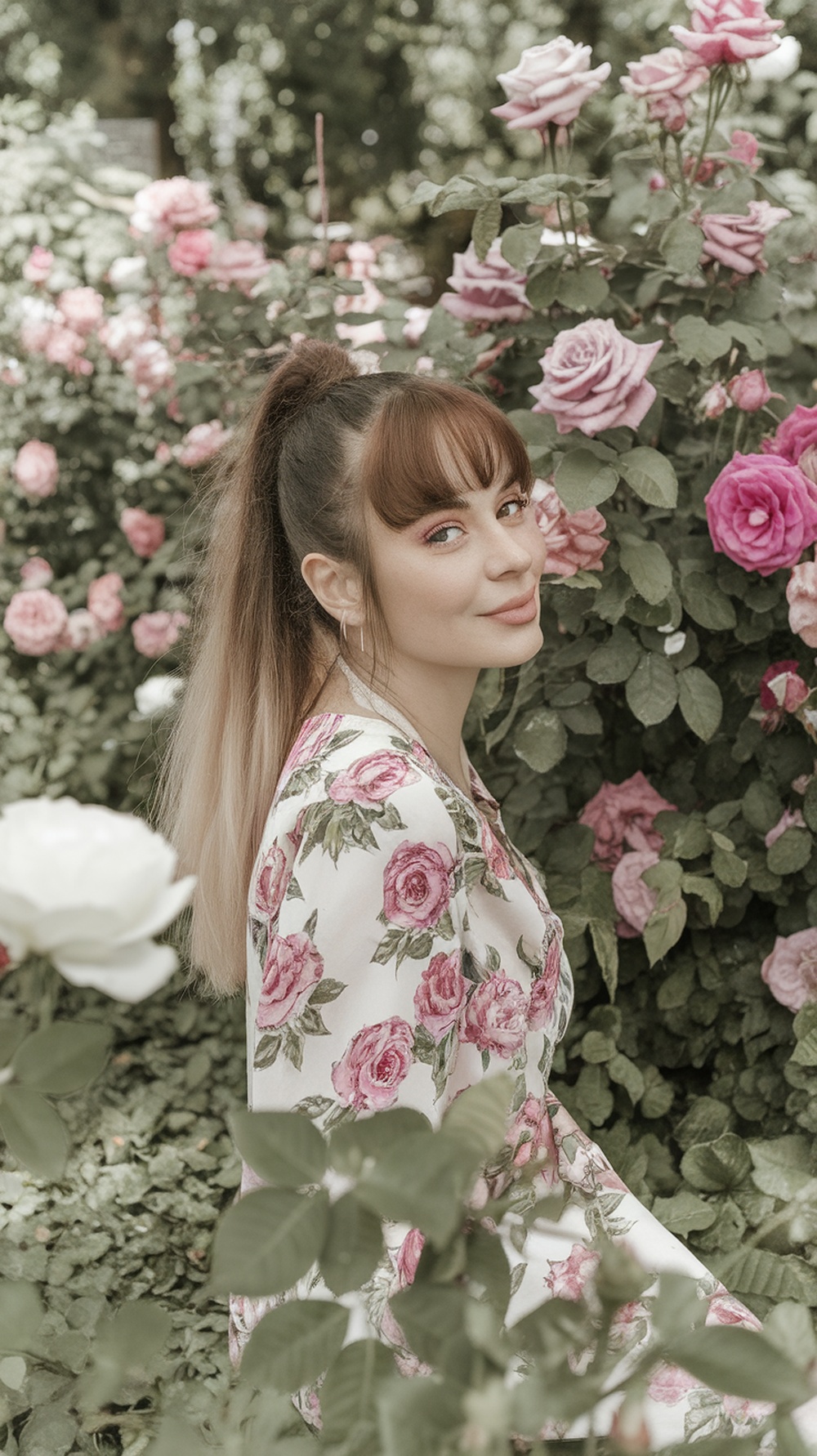 A young woman with a half-up half-down hairstyle, surrounded by pink roses.