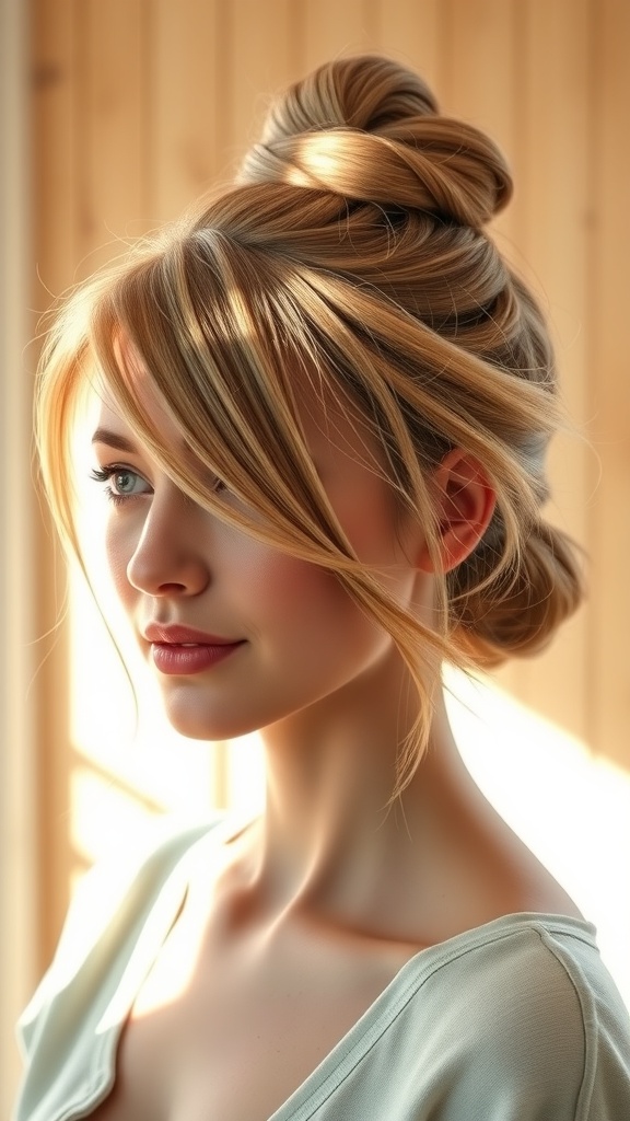 A woman with long hair styled in a half-up half-down knot, showcasing a relaxed yet elegant look.