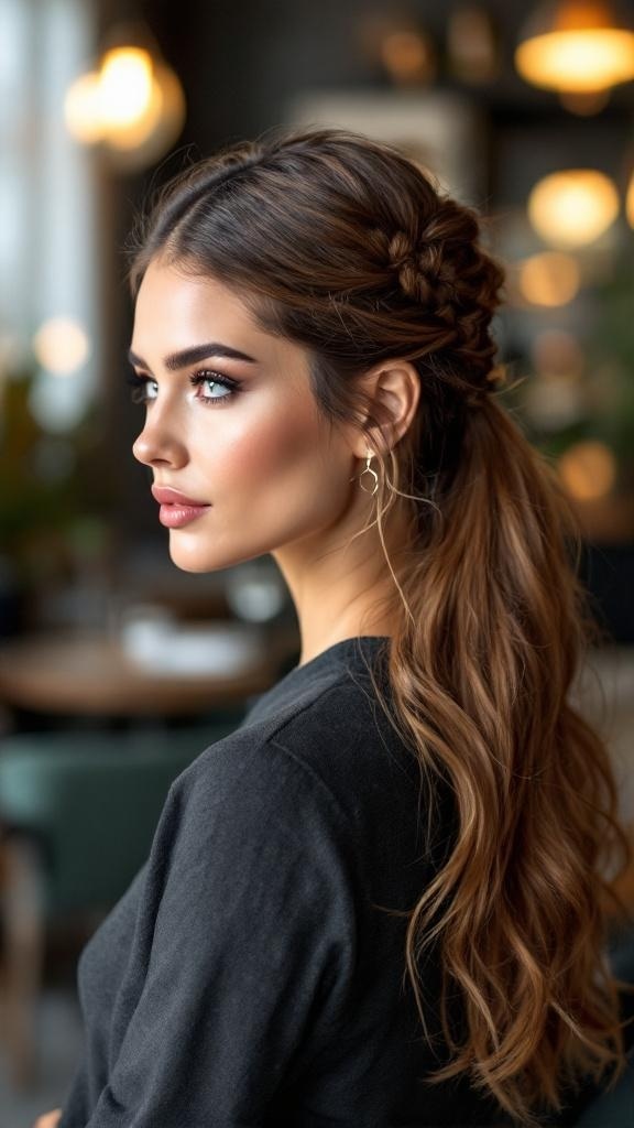 A woman with a half-up half-down ponytail featuring a braid, showcasing a stylish and versatile hairstyle.