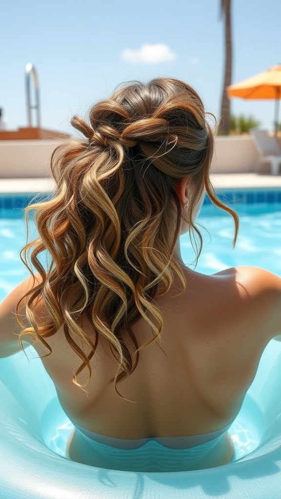 A woman with half-up, half-down hairstyle, enjoying a sunny day by the pool.