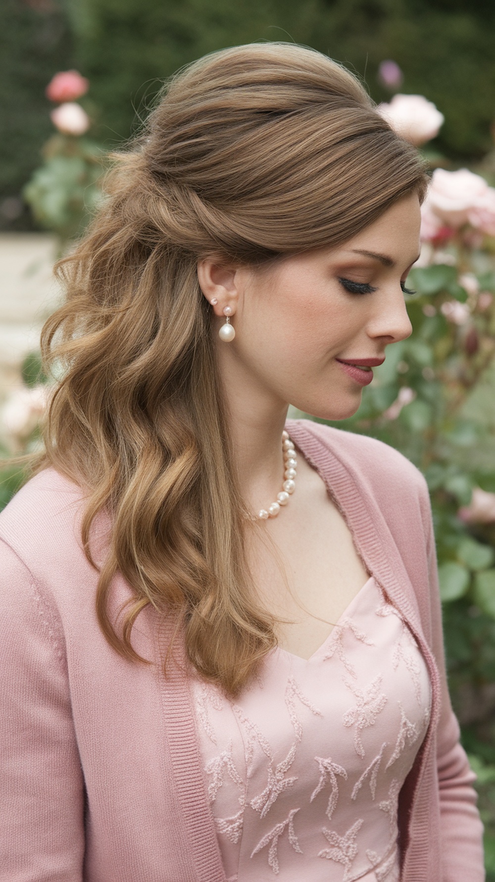 A woman with shoulder-length hair styled in a half-up half-down look, wearing pearl jewelry and a pink dress.