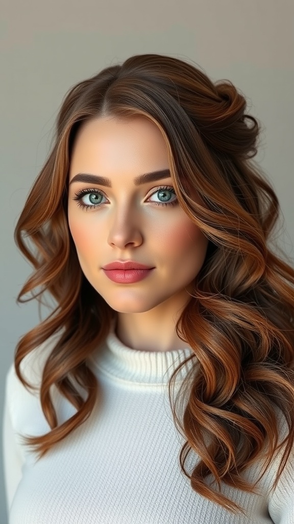A woman with half-up half-down hairstyle, featuring soft waves and a natural look.