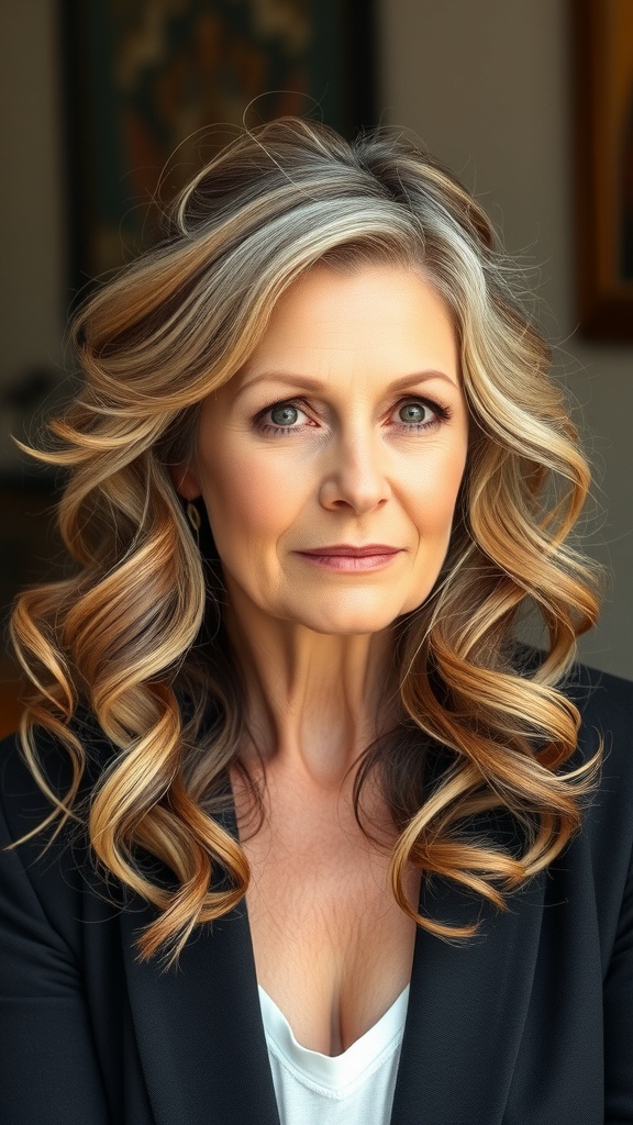 A woman over 60 with half-up half-down hairstyle, featuring soft curls and a sophisticated look.