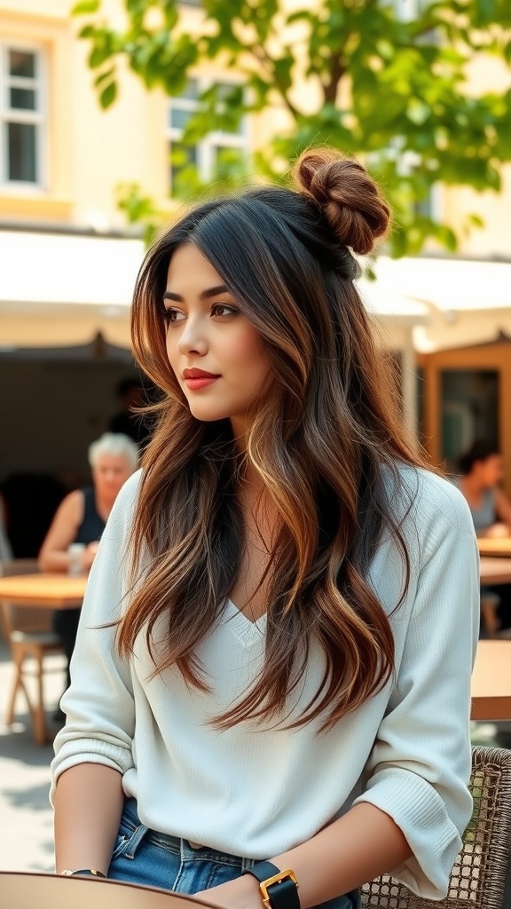 A woman with a half-up, half-down hairstyle, featuring a bun on top and loose waves.