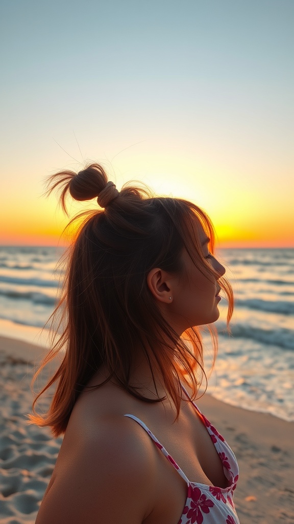 A woman with a half-up, half-down hairstyle enjoying a sunset at the beach.