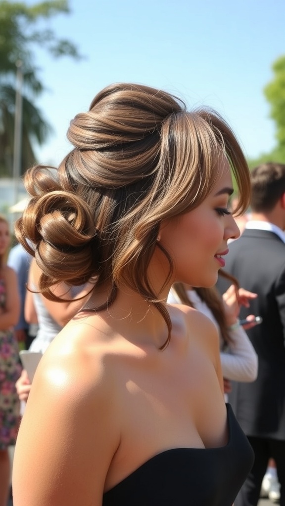 A woman with a stylish half-up, half-down hairstyle, showcasing curls and waves.