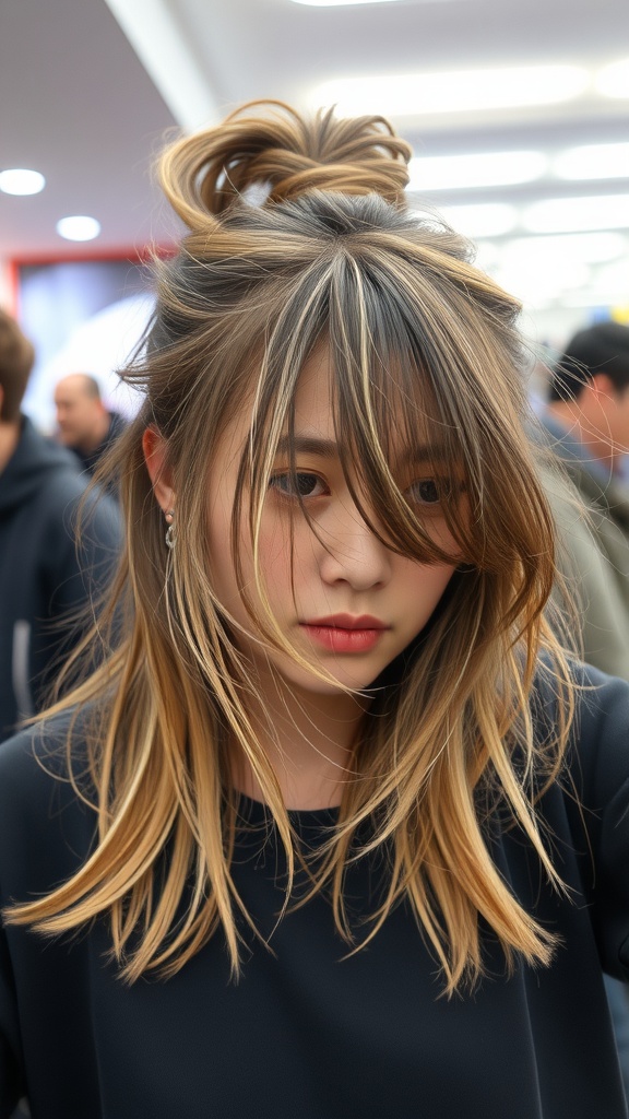 A young woman with a half-up, half-down hairstyle featuring a top knot and flowing hair.