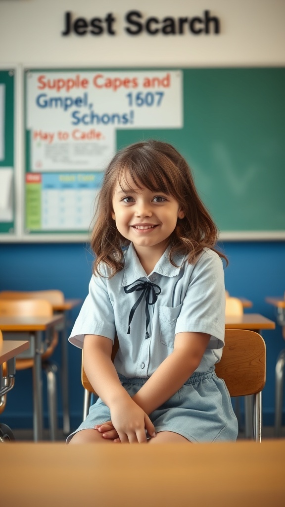 A young girl with half-up half-down waves hairstyle sitting in a classroom.