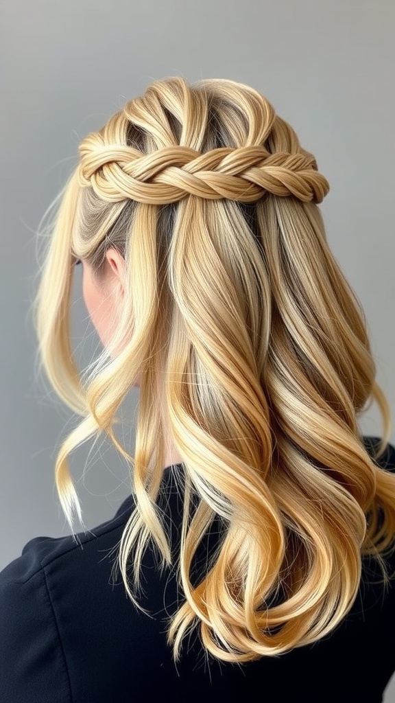 Half-up half-down hairstyle with a braided crown, featuring blonde hair styled in soft waves.