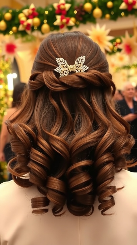 A half-up half-down hairstyle with curls, featuring a butterfly hair accessory.