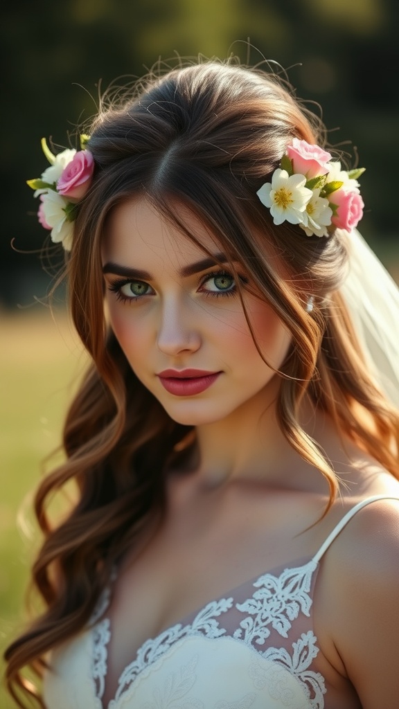 A bride's half-up half-down hairstyle featuring soft curls and flowers.